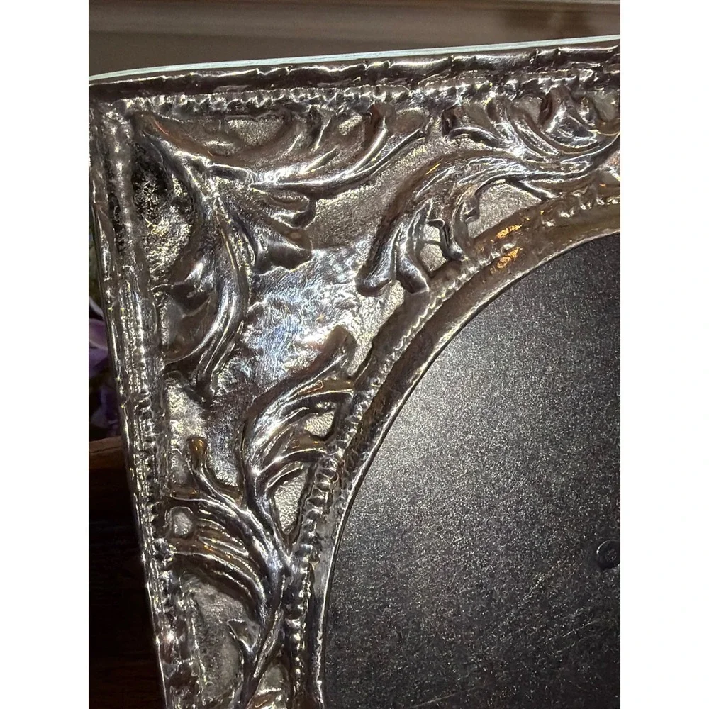 Vintage Ornate Silver Embossed Picture Frame Oval Opening Scrollwork Tabletop
